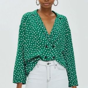 Topshop Green Polka Dot Retro Cropped Blouse, Size 6